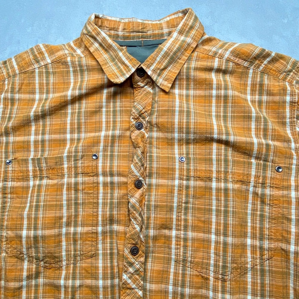 REI Mens XL Plaid Short Sleeve Button Up Shirt Casual Outdoor Work Beige Orange - Picture 11 of 14